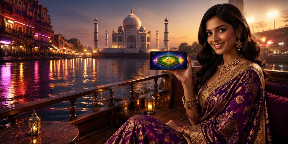Rummy and dice game neon art near Taj Mahal illustrating card games in Agra